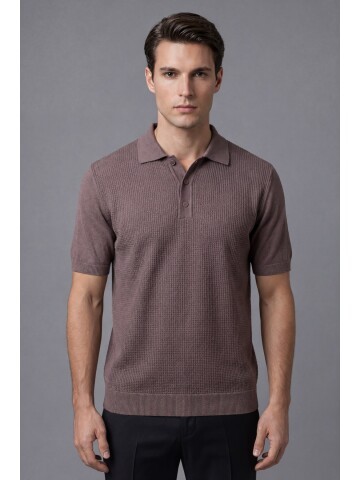 Brown Patterned Polo Neck 3-Button Short Sleeve Knitwear