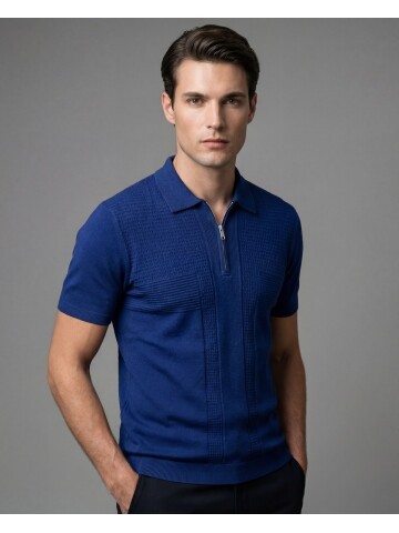 Saks Lacivert Fermuarlı Polo Yaka Kendinden Desenli Triko Tişört