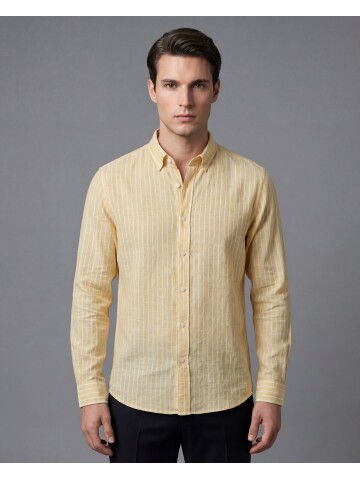 Sarı Regular Kalıp Desenli Uzun Kollu Erkek Gömlek