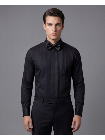 Siyah Ata Yaka Geniş Piliseli Damatlık Gömlek