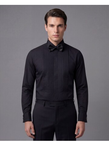 Siyah Ata Yaka İnce Piliseli Damatlık Gömlek