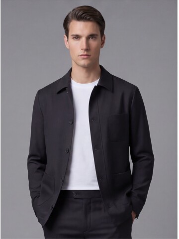 Black Shirt Collar Buttoned Patch Pocket Suit