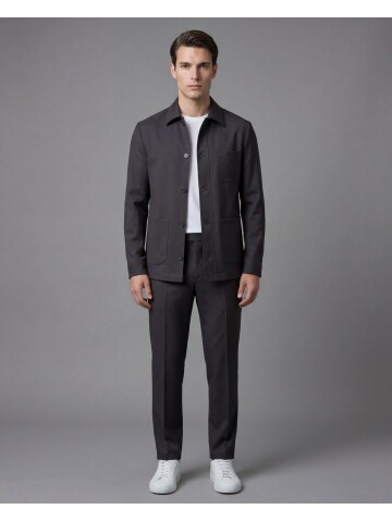 Siyah Gömlek Yaka Düğmeli Torba Cepli Takım