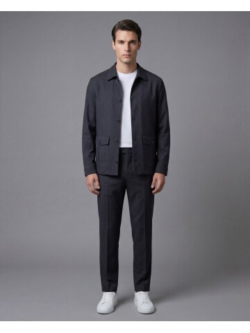 Siyah Gömlek Yaka Düğmeli Torba Cepli Takım