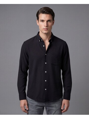 Siyah Kendinden Desenli Slim Fit Uzun Kollu Gömlek