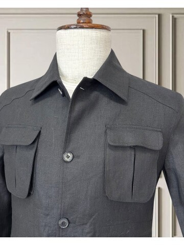 Siyah Keten Safari Model Dört Cepli Takım Elbise