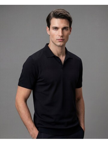 Black Polo Neck 3-Button Short Sleeve Knit