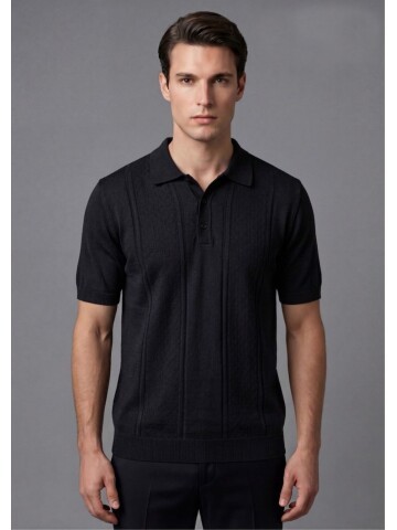 Black Polo Neck Micro Patterned 3-Button Knit T-Shirt