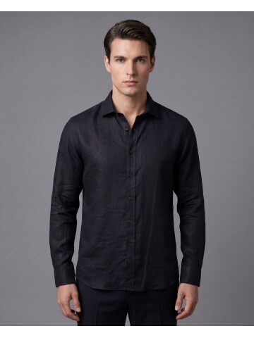 Siyah Premium Keten Regular Fit Uzun Kollu Gömlek