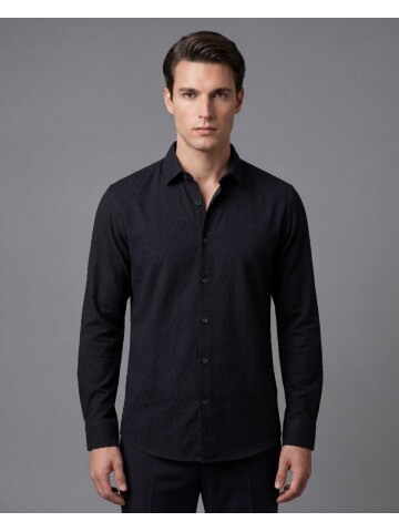 Siyah Regular Kalıp Desenli Uzun Kollu Gömlek