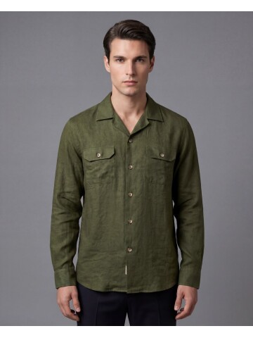 Haki Keten Kapaklı Cep Regular Fit Uzun Kollu Gömlek