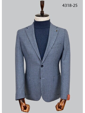 Blue Houndstooth Mono Lapel Men’s Blazer with Patch Pockets