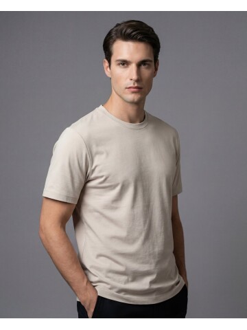 Taş Rengi Bisiklet Yaka Pamuklu Slim Fit T-shirt