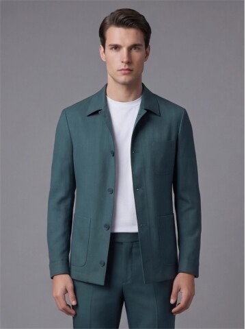 Green Shirt Collar Buttoned Patch Pocket Suit