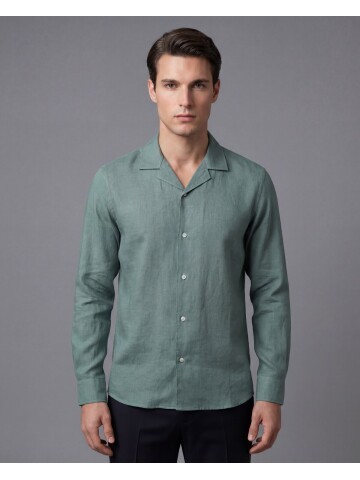 Yeşil Regular Kalıp %100 Keten Uzun Kollu Gömlek