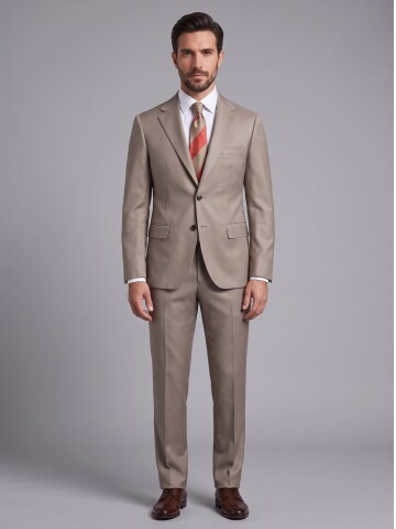 Bej Mono Yaka Comfort Fit Takım Elbise