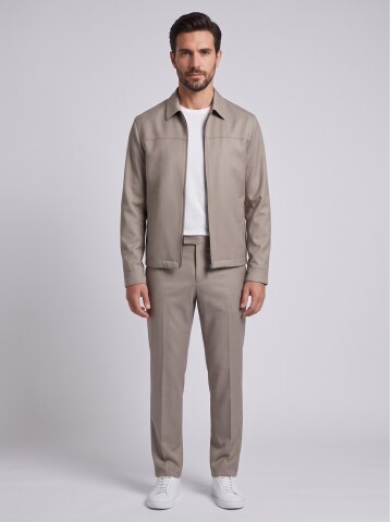Bej Fermuarlı Smart Casual Ceket Pantolon Erkek Takım