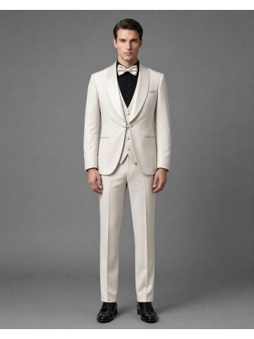 Beige Slim-Fit Shawl Collar Grooms Suit with Chain Button