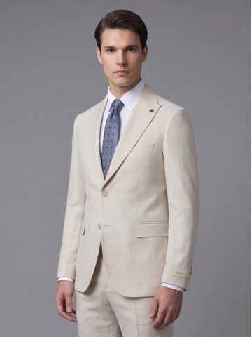 Açık Bej Sivri Yaka İki Düğmeli Slim Fit Takım Elbise