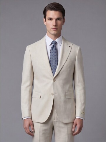 Açık Bej Sivri Yaka İki Düğmeli Slim Fit Takım Elbise