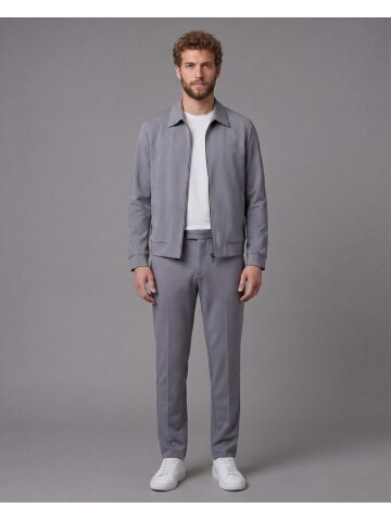 Açık Gri Gömlek Yaka Fermuarlı Comfort Fit Spor Takım Elbise