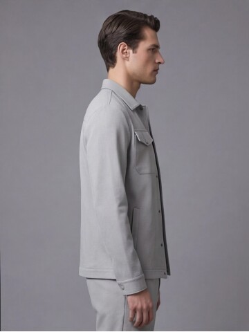Açık Gri Gömlek Yaka Safari Cep Comfort Fit Spor Takım