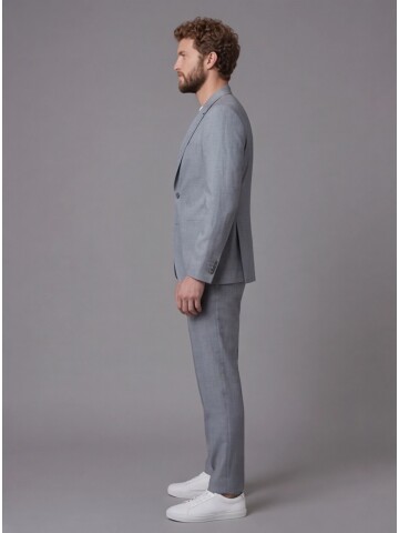 Açık Gri Keten Sivri Yaka Comfort Fit Torba Cep 2 Düğme Takım Elbise