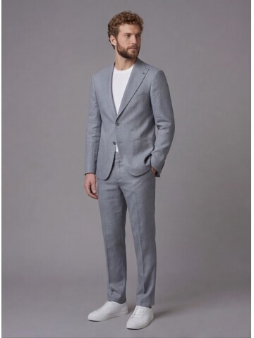 Açık Gri Keten Sivri Yaka Comfort Fit Torba Cep 2 Düğme Takım Elbise