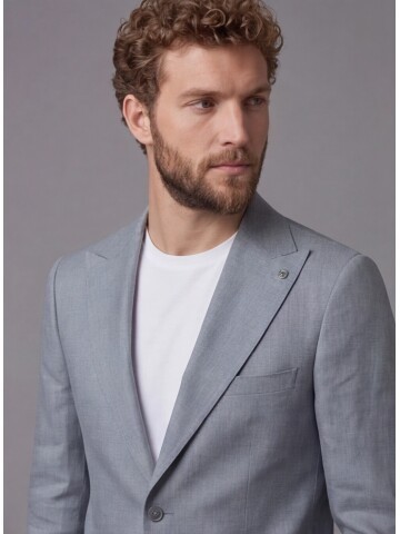 Açık Gri Keten Sivri Yaka Comfort Fit Torba Cep 2 Düğme Takım Elbise