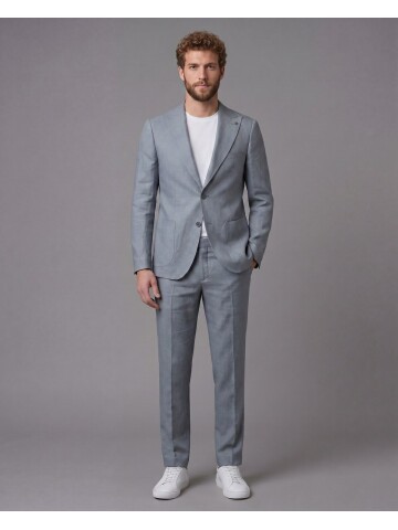 Açık Gri Keten Sivri Yaka Comfort Fit Torba Cep 2 Düğme Takım Elbise