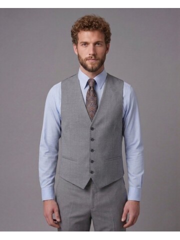 Açık Gri Sivri Yaka Çift Düğmeli Slim Fit Yelekli Takım Elbise