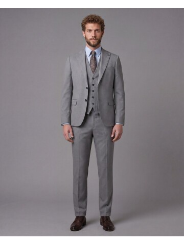 Açık Gri Sivri Yaka Çift Düğmeli Slim Fit Yelekli Takım Elbise