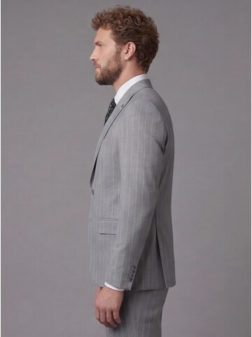 Açık Gri Sivri Yaka Slim Fit Çizgili Takım Elbise