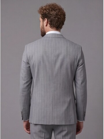 Açık Gri Sivri Yaka Slim Fit Çizgili Takım Elbise