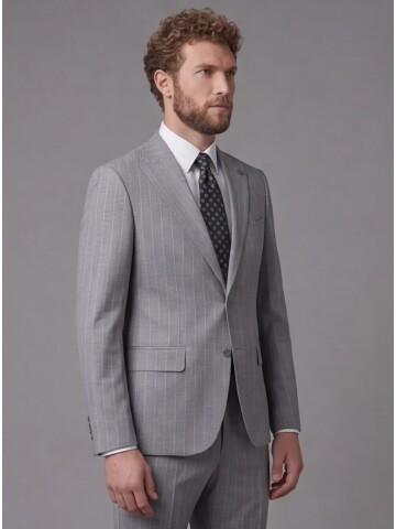 Açık Gri Sivri Yaka Slim Fit Çizgili Takım Elbise