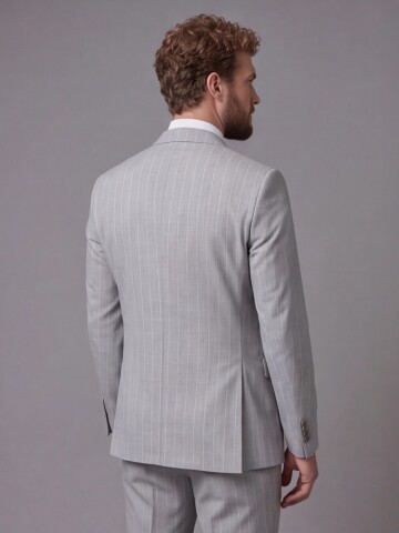 Açık Gri Sivri Yaka Slim Fit Çizgili Takım Elbise