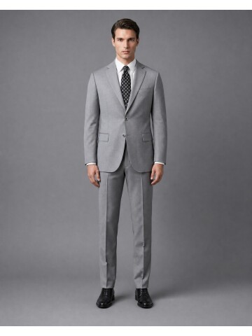 Light Grey Wool Regular Fit 2-Button Suit with Notch Lapel