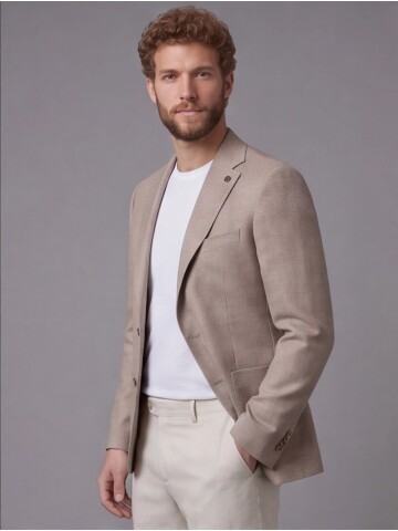 Açık Kahverengi Ceket Bej Pantolon Kombinli Slim Fit Takım Elbise