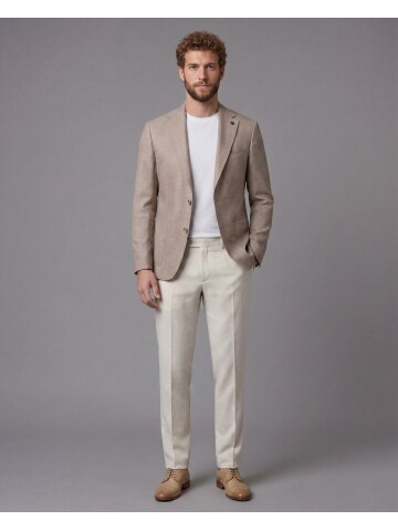 Açık Kahverengi Ceket Bej Pantolon Kombinli Slim Fit Takım Elbise