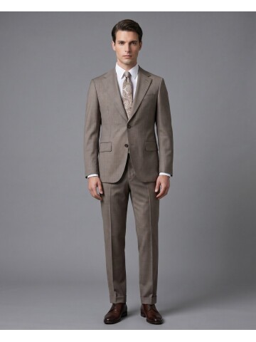 Açık Kahverengi Çizgili Yünlü Mono Yaka Regular Fit Takım Elbise