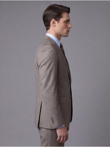 Açık Kahverengi Çizgili Yünlü Sivri Yaka Regular Fit Takım Elbise