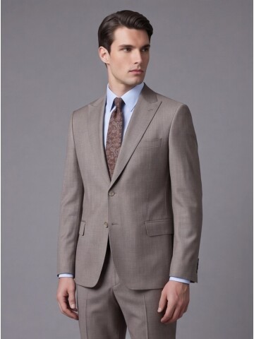 Açık Kahverengi Çizgili Yünlü Sivri Yaka Regular Fit Takım Elbise