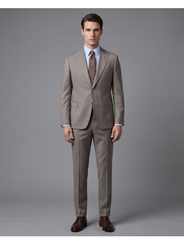 Açık Kahverengi Çizgili Yünlü Sivri Yaka Regular Fit Takım Elbise