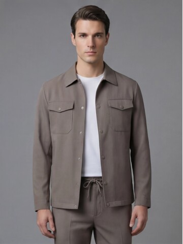 Light Brown Comfort Fit Shirt Collar Safari Pocket Sporty Suit