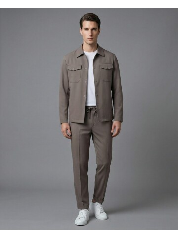 Light Brown Comfort Fit Shirt Collar Safari Pocket Sporty Suit