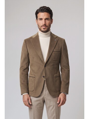 Açık Kahverengi Kadife Mono Yaka Slim Fit Ceket