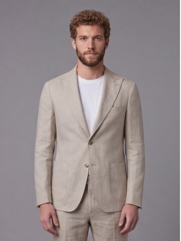 Açık Kahverengi Keten Sivri Yaka Comfort Fit Torba Cep 2 Düğme Takım Elbise