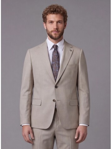 Açık Kahverengi Mono Yaka Comfort Fit 2 Düğmeli Takım Elbise