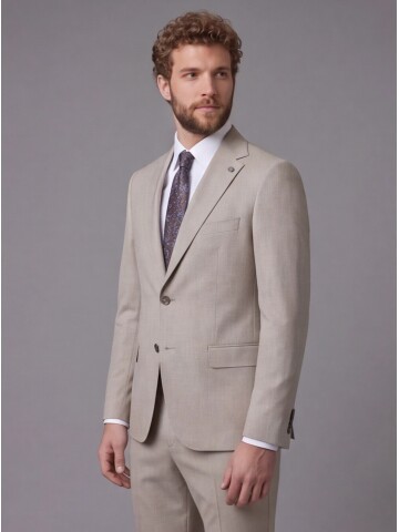 Açık Kahverengi Mono Yaka Comfort Fit 2 Düğmeli Takım Elbise