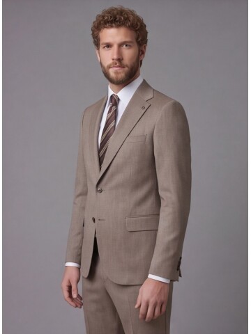 Açık Kahverengi Mono Yaka Comfort Fit Takım Elbise